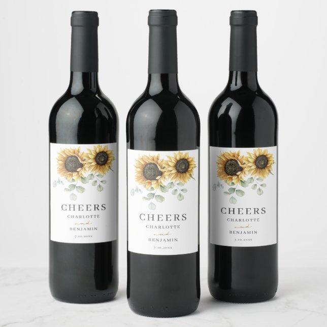 Sunflower Eucalyptus Floral Wedding Wine Label (Bottles)