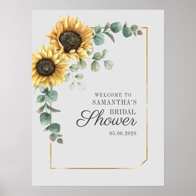Sunflower Eucalyptus Foliage  Script Bridal Shower Poster (Front)
