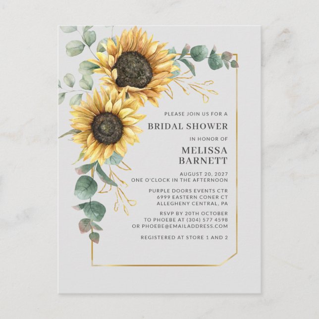 Sunflower Eucalyptus Geometric Bridal Shower Invitation Postcard (Front)