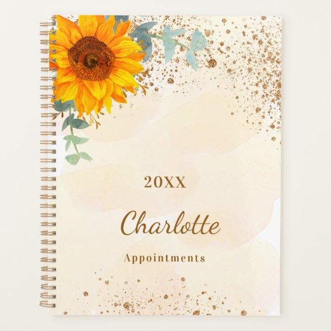 Sunflower eucalyptus glitter gold monogram 2026 planner (Front)