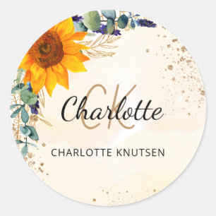 Sunflower eucalyptus glitter monogram classic round sticker