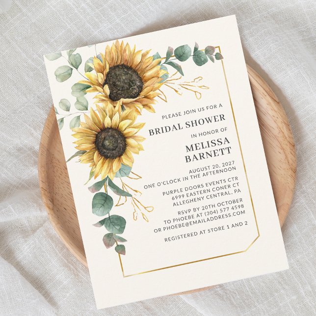 Sunflower Eucalyptus Gold Frame Bridal Shower Invitation Postcard (Elegant Sunflower Eucalyptus Script First Last Name Bridal Shower Invitation)