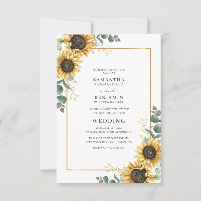 Sunflower Eucalyptus Gold Geometric Floral Wedding Invitation (Front)