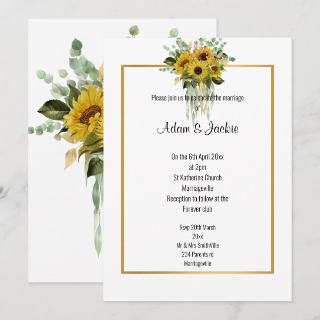 SUNFLOWER EUCALYPTUS GOLD TRIM ELEGANT WEDDING INVITATION (Front/Back)