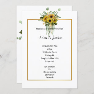 SUNFLOWER EUCALYPTUS GOLD TRIM ELEGANT WEDDING INVITATION