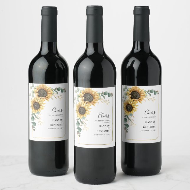 Sunflower Eucalyptus Greenery Botanical Wedding Wine Label (Bottles)