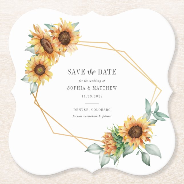 Sunflower Eucalyptus Greenery Geometric Save Date Paper Coaster (Front)