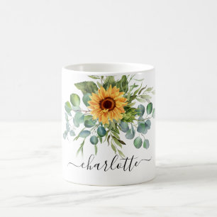 Sunflower eucalyptus greenery name script coffee mug