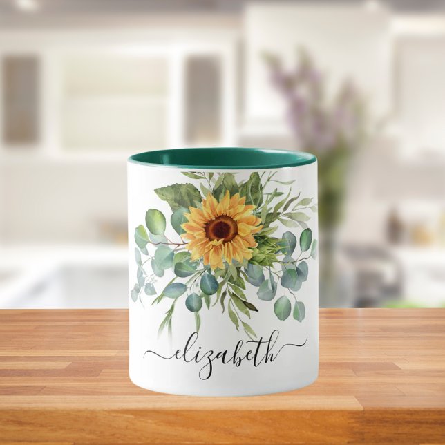 Sunflower eucalyptus greenery name script mug (Creator Uploaded)