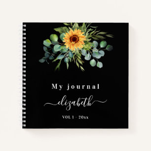 Sunflower eucalyptus greenery script name black notebook