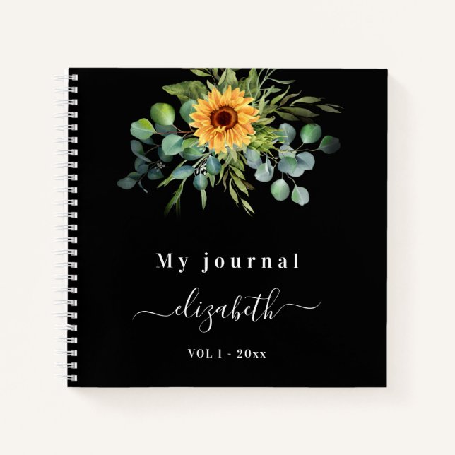 Sunflower eucalyptus greenery script name black notebook (Front)