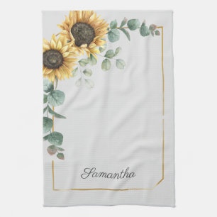 Sunflower Eucalyptus Greenery Script Personalised Tea Towel