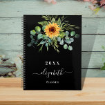 Sunflower eucalyptus greenry black name 2023 planner<br><div class="desc">A black background.  Decorated with sunflowers,  eucalyptus greenery.  Add a name,  text. The name is written with a modern hand lettered style script with swashes. 
To keep the swashes only delete the sample name,  leave the spaces or emoji's in front and after the name.</div>