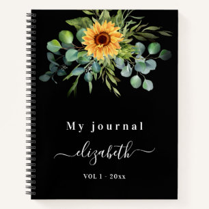 Sunflower eucalyptus greenry script black notebook