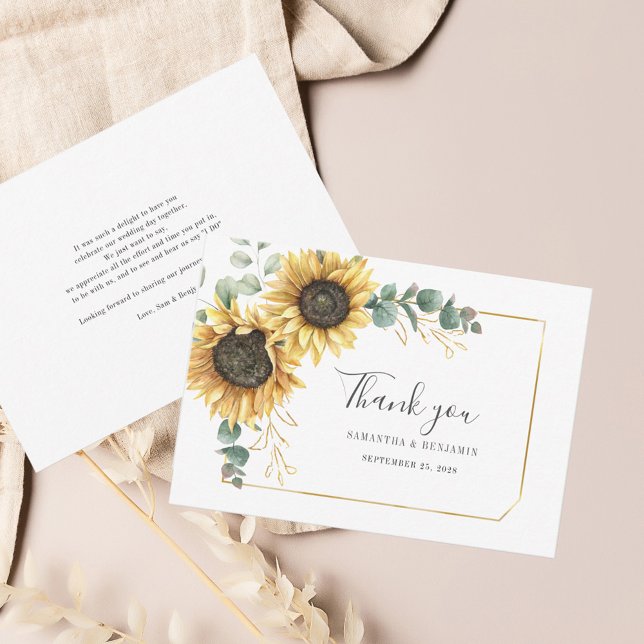 Sunflower Eucalyptus Leaves Geometric Wedding Thank You Card (Floral Sunflower Wedding Script Eucalyptus Thank You Card)