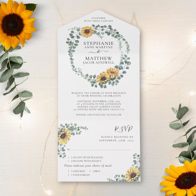 Sunflower Eucalyptus Leaves Modern Wedding All In One Invitation (Creator Uploaded)