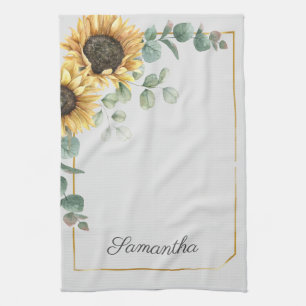 Sunflower Eucalyptus Leaves Script Monogram Tea Towel