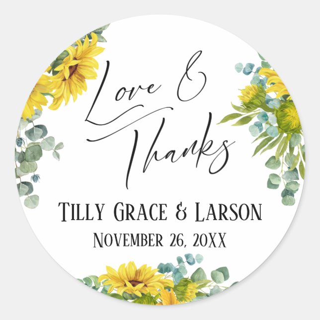 Sunflower Eucalyptus Love & Thanks Handwriting Classic Round Sticker (Front)