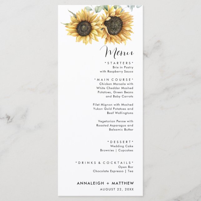 Sunflower Eucalyptus Modern Wedding Menu (Front)