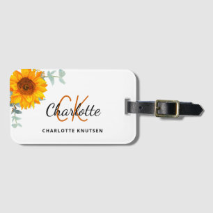 Sunflower eucalyptus monogram name luggage tag