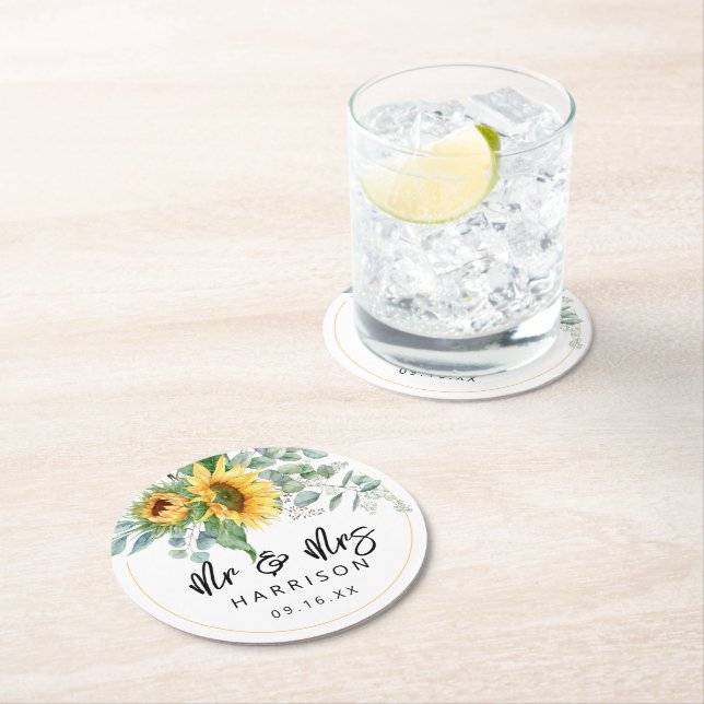 Sunflower Eucalyptus Mr & Mrs Wedding Favour  Round Paper Coaster (Insitu)