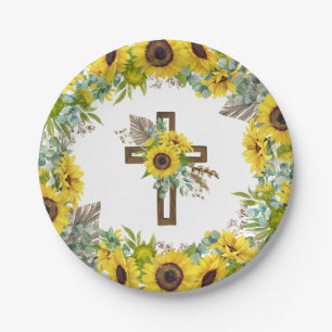 Sunflower Eucalyptus Palm Boho Cross Baptism Paper Plate