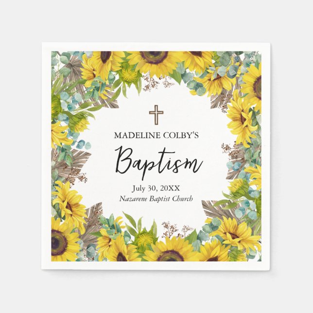 Sunflower Eucalyptus Palm Boho Square Baptism Napkin (Front)