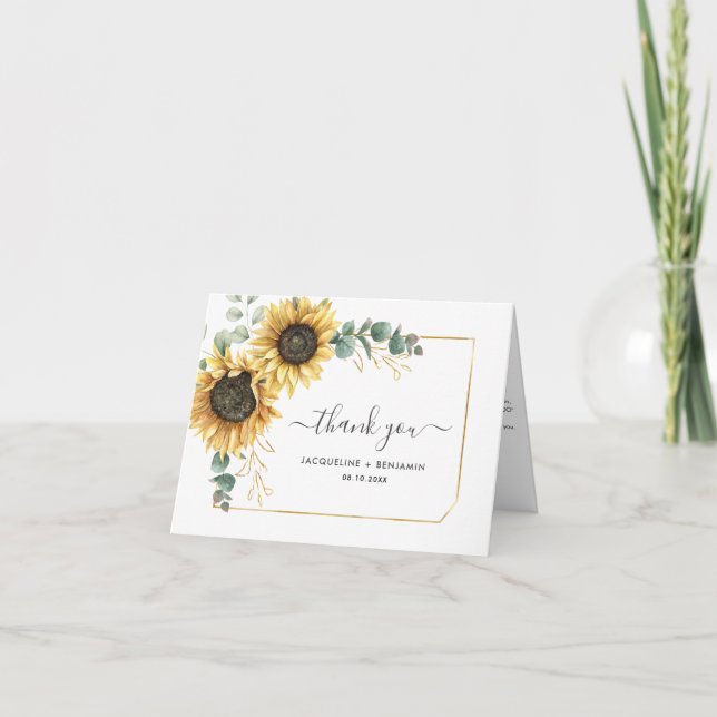 Sunflower Eucalyptus Photo Wedding Thank You Card (Front)