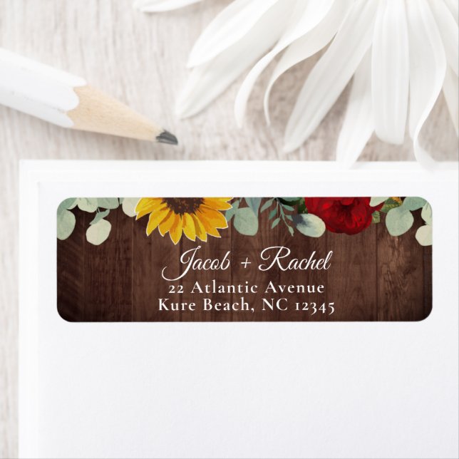 Sunflower Eucalyptus Red Rose Wood Wedding Address (Insitu)