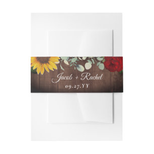 Sunflower Eucalyptus Red Rose Wood Wedding Invitation Belly Band