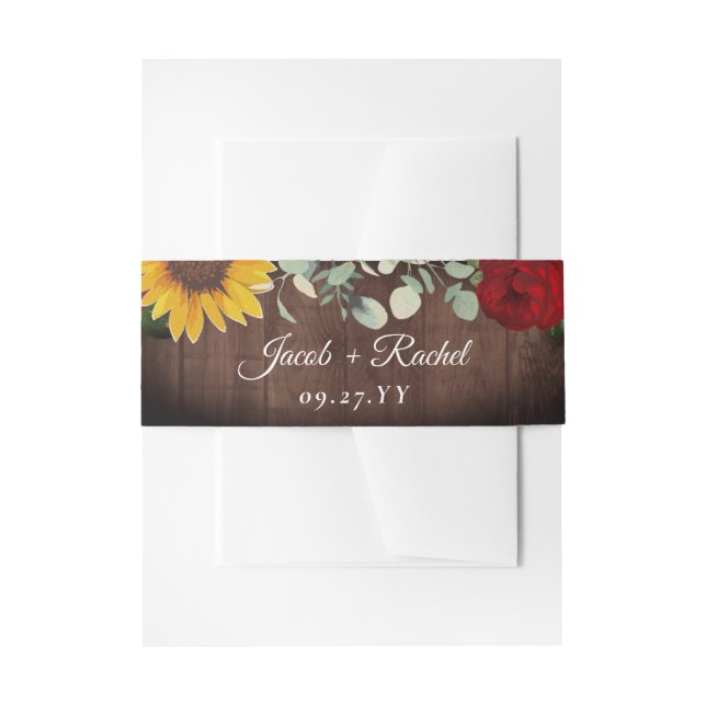 Sunflower Eucalyptus Red Rose Wood Wedding Invitation Belly Band (Front Example)