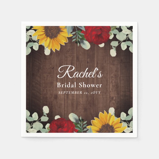 Sunflower Eucalyptus Red Roses Wood Bridal Shower Napkin (Front)