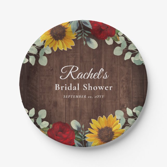 Sunflower Eucalyptus Red Roses Wood Bridal Shower Paper Plate (Front)