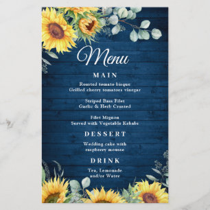 Sunflower Eucalyptus Rustic Blue Wood Wedding Menu