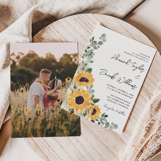 Sunflower Eucalyptus Rustic Photo Wedding Invitation (Creator Uploaded)