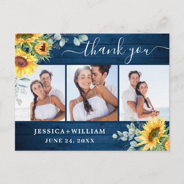 Sunflower Eucalyptus Rustic Thank You 3 PHOTO  Postcard (Front)
