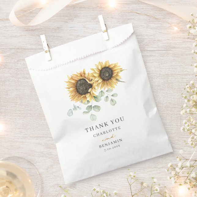 Sunflower Eucalyptus Script Floral Wedding Favour Bags (Clipped)