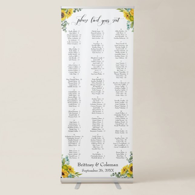 Sunflower Eucalyptus Seating Chart 170 Names Retractable Banner (Front)