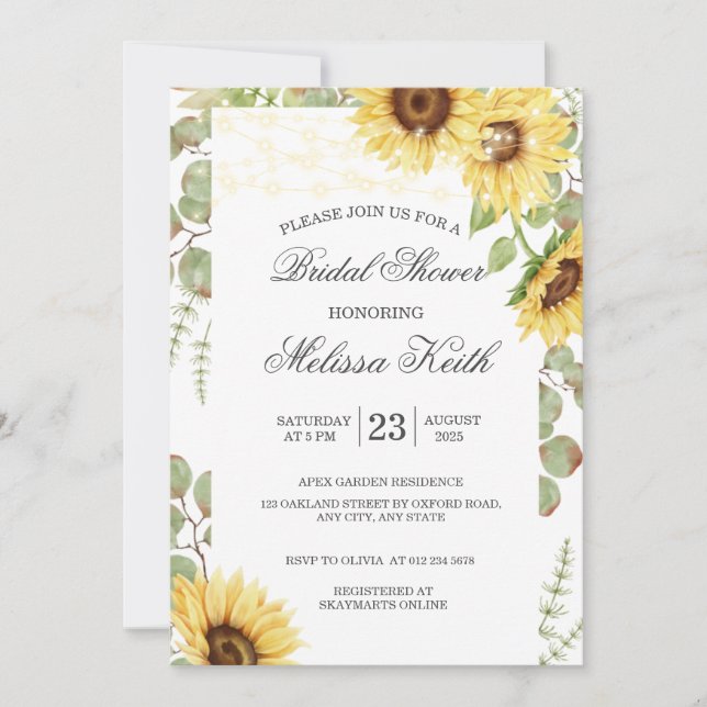 Sunflower Eucalyptus String Lights Bridal Shower Invitation (Front)