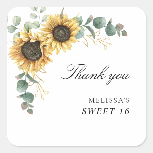 Sunflower Eucalyptus Sweet 16 Party Thank You Square Sticker (Front)