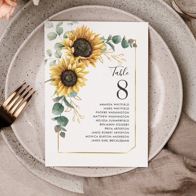 Sunflower Eucalyptus Table Number Wedding Seating (Floral Sunflower Wedding Seating Table Number)