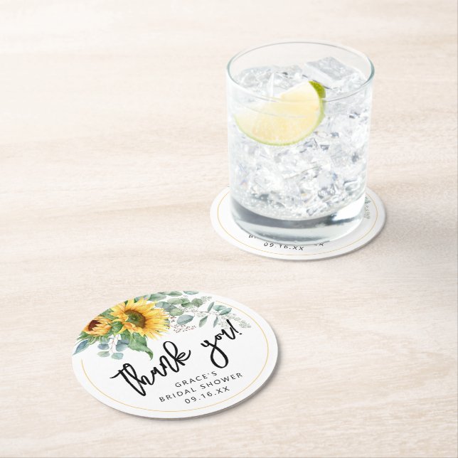 Sunflower Eucalyptus Thank You Bridal Shower Round Paper Coaster (Insitu)