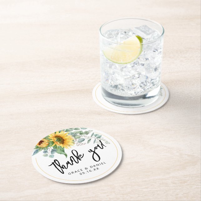 Sunflower Eucalyptus Thank You Wedding Favour Round Paper Coaster (Insitu)