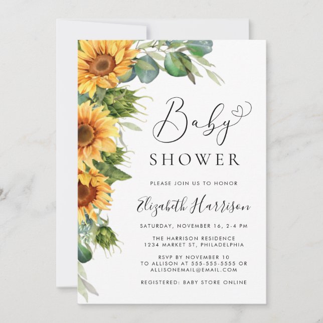 Sunflower Eucalyptus Watercolor Baby Shower Invitation (Front)