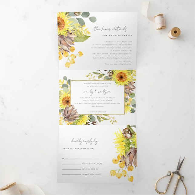 SUNFLOWER EUCALYPTUS WATERCOLOR FLORAL WEDDING Tri-Fold INVITATION (Inside)