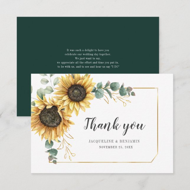 Sunflower Eucalyptus Wedding Day Floral Thank You Card (Front/Back)