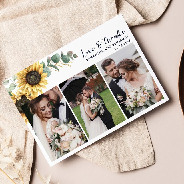 Sunflower Eucalyptus Wedding Day Photos Thank You (Love and Thanks Wedding Day Photos Thank You Card)