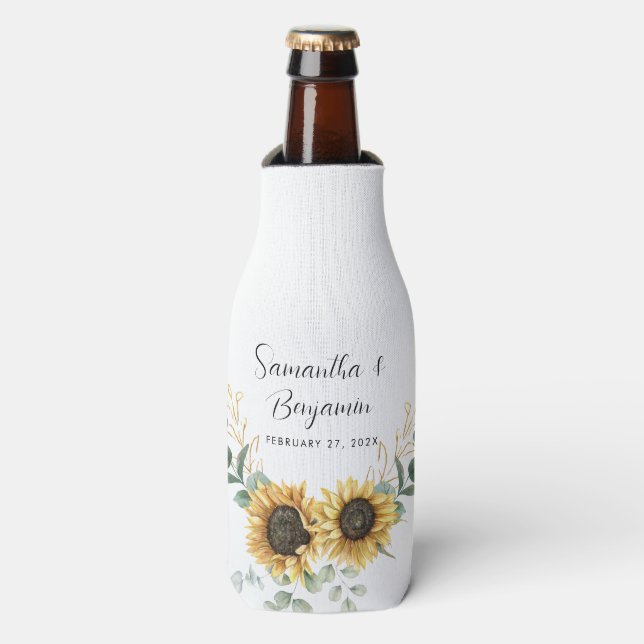 Sunflower Eucalyptus Wedding Favour Bottle Cooler (Bottle Front)