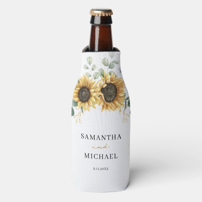 Sunflower Eucalyptus Wedding Favour Greenery Bottle Cooler (Bottle Front)