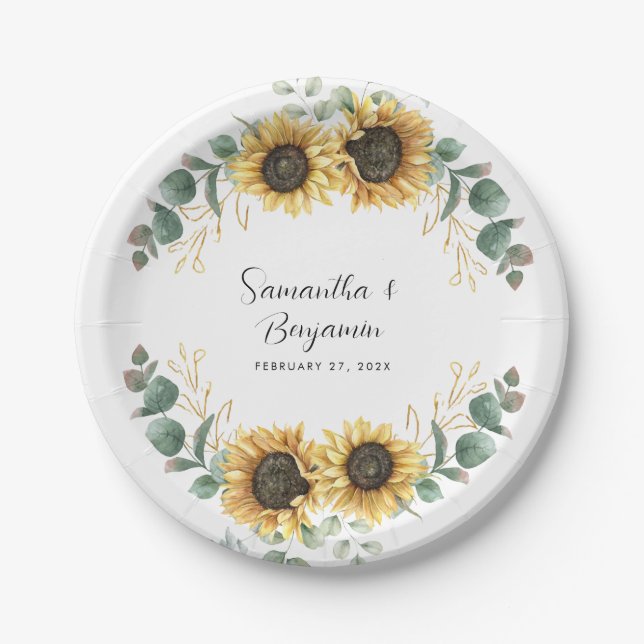 Sunflower Eucalyptus Wedding Party Paper Plate (Front)